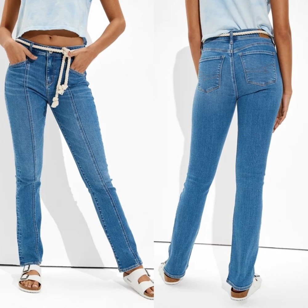 American Eagle High Rise Skinny Kick Women 14 Blue EUC Front Seam Stretch Jeans